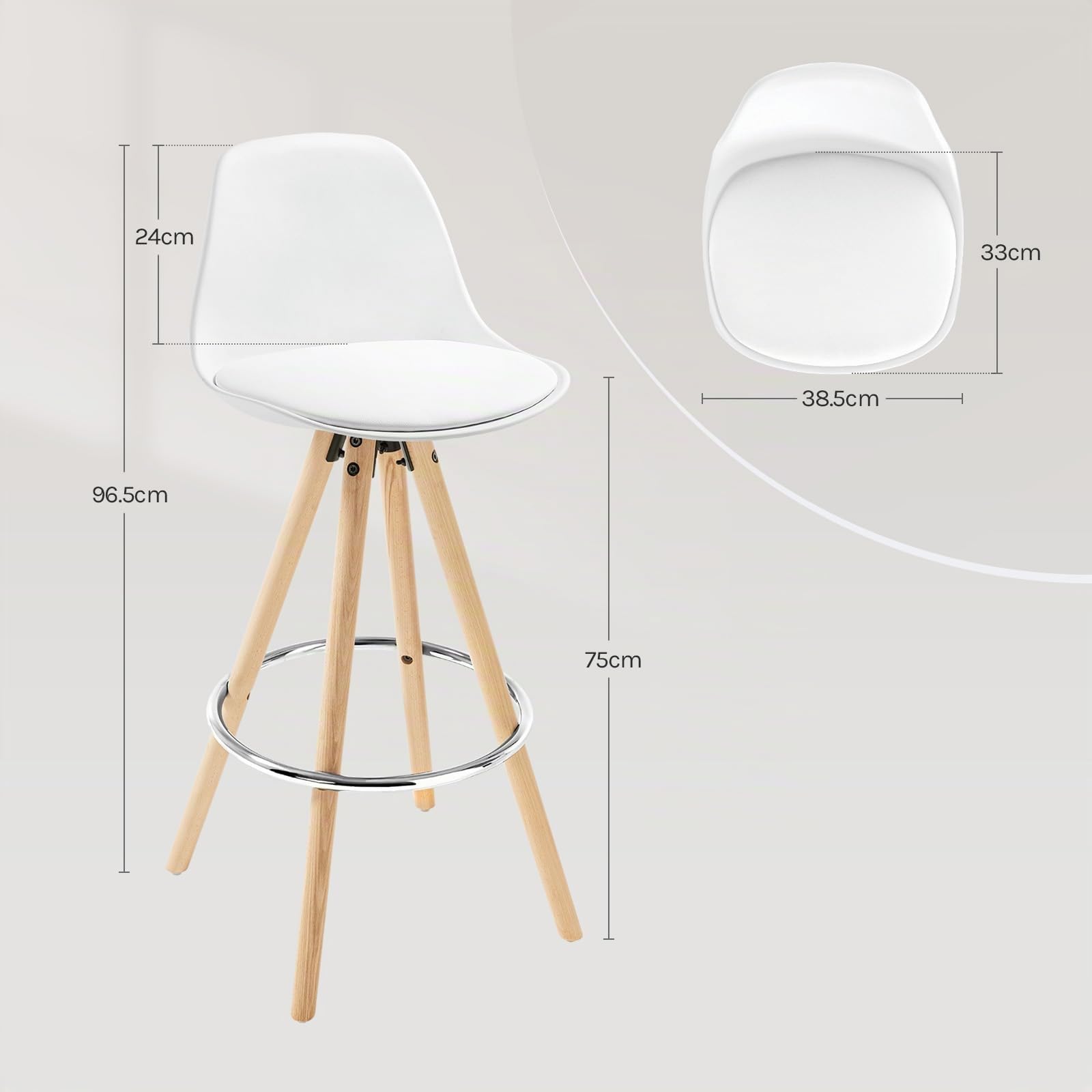 WOLTU Sgabelli Bar Set di 2, Sedia Alta con Schienale e Poggiapiedi per Isola Cucina, Pub, Sala da Pranzo, in Gambe Legno, PU, Bianchi