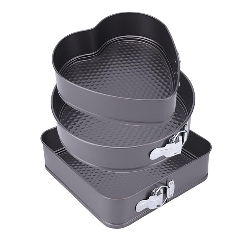 YYUNANG Lot de 3 moules à gâteau antiadhésifs en acier au carbone avec fond amovible, moule à charnière antiadhésif, moule à gâteau à fromage, moule à gâteau étanche, cœur/rond/carré (22,9 cm, 25,4