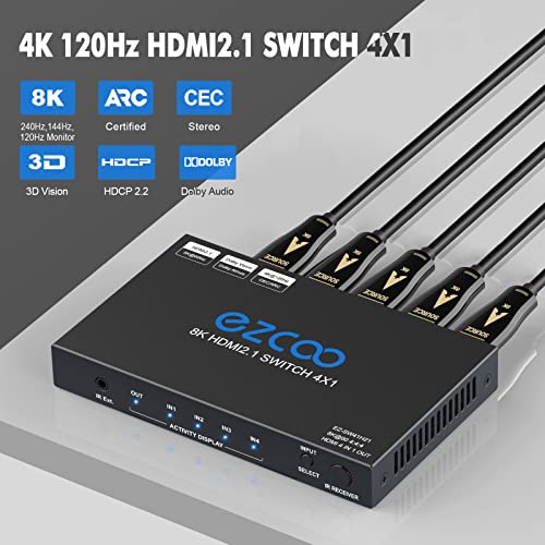 Rofavezco EZ-SW41H21 Hdmi Switch 8K 4X1 4K 120Hz Vrr G/Sync Cec Arc Atmos - Hdmi 2.1 Switcher 4 In 1 Out 240Hz 144Hz Hdcp Bypass 4 Port Selector,Ir Remote For Qled Game Monitor Ps5 Xbox Pc Mac Window Apple Tv Projector thumb #8