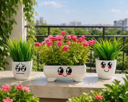 Image of Artificial Plants With Cute Smiley Face Pots Set Of 3 , Faux Green Grass & Pink Flower Pot , Decorative Mini Potted Plants For Home Decor, Office Desk, Living Room, Bedroom, Balcony & Study Table