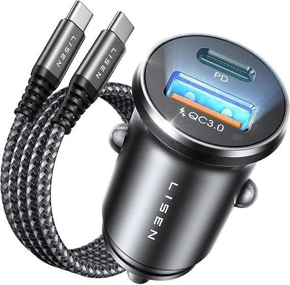 LISEN Caricatore Auto USB C 69W+60W Cavo [PD & QC3.0 Rapido] Caricatore Auto Accendisigari, Caricabatterie Auto USB C Kit di Accessori da Auto Per Cellulari Compatibile con iPhone 17 16 15 Pro Max