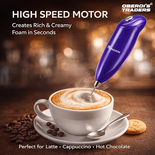 Image of OBEROI'S TRADERS Electric Milk Frother Handheld, Battery Operated Coffee Whisk Foam Maker with Stainless Steel Beater for Latte, Cappuccino, Hot Chocolate & Egg Beating