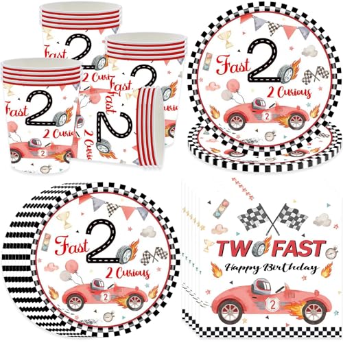 Bikasun Conjunto de louça de festa de carro de corrida, decoração para festa de segundo aniversário de carros de corrida rápida 16 convidados, pratos, copos, guardanapos, para crianças, vermelho
