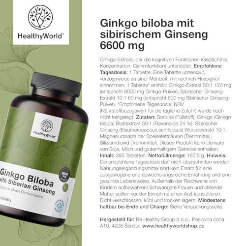 HealthyWorld Ginkgo Biloba mit sibirischem Ginseng 6600 mg - Hochdosiert - Unterstützung der kognitiven Funktion - 365 Tabletten für einen Jahresvorrat - Ginkgo-Extrakt 50:1 (120 mg) & 10:1 (60 mg)