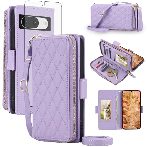 Asuwish Compatible with Google Pixel 8 5G Wallet Case Zipper RFID Blocking and Screen Protector Crossbody Lanyard Strap Flip Card Holder Slots Pixel8 Eight Phone Cover for Women Men Purple