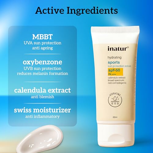 Image of inatur Sports Sunscreen SPF 50 PA+++ | Outdoor Sunblock Lotion for Face & Body | Sweat & Water Resistant | Broad Spectrum UVA UVB Protection | Non-Greasy Matte Finish | All Skin Types | 60ml