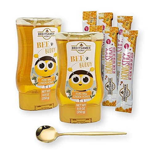Breitsamer Honig Gift Set -2 Bee Buddy Pure Raw Blossom Honey Squeeze Bottles 8.8 Oz. Ea, 6 Honey Sticks, And 1 Gold Stainless Steel Round Tea Spoon (9-Pc Set) #TOP1