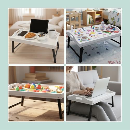 Relaxdays Taca na łóżko, bambus, wys. x szer. x gł.: 20 x 50 x 30 cm, taca do serwowania z nóżkami, uchwytami, śniadanie w łóżku, biały/szary