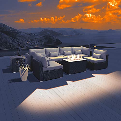 Dineli Sectional Sofa With Gas/Propane Fire Pit Table Outdoor Patio Furniture Sets (Light Gray-Rectangular Table) #TOP7
