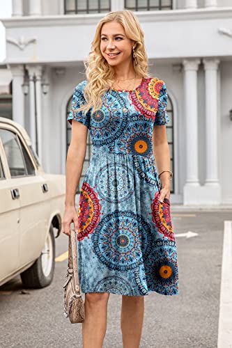 Db Moon Women Summer Casual Short Sleeve Dresses Empire Waist Dress With Pockets (Flower Mix Blue, L) #TOP2
