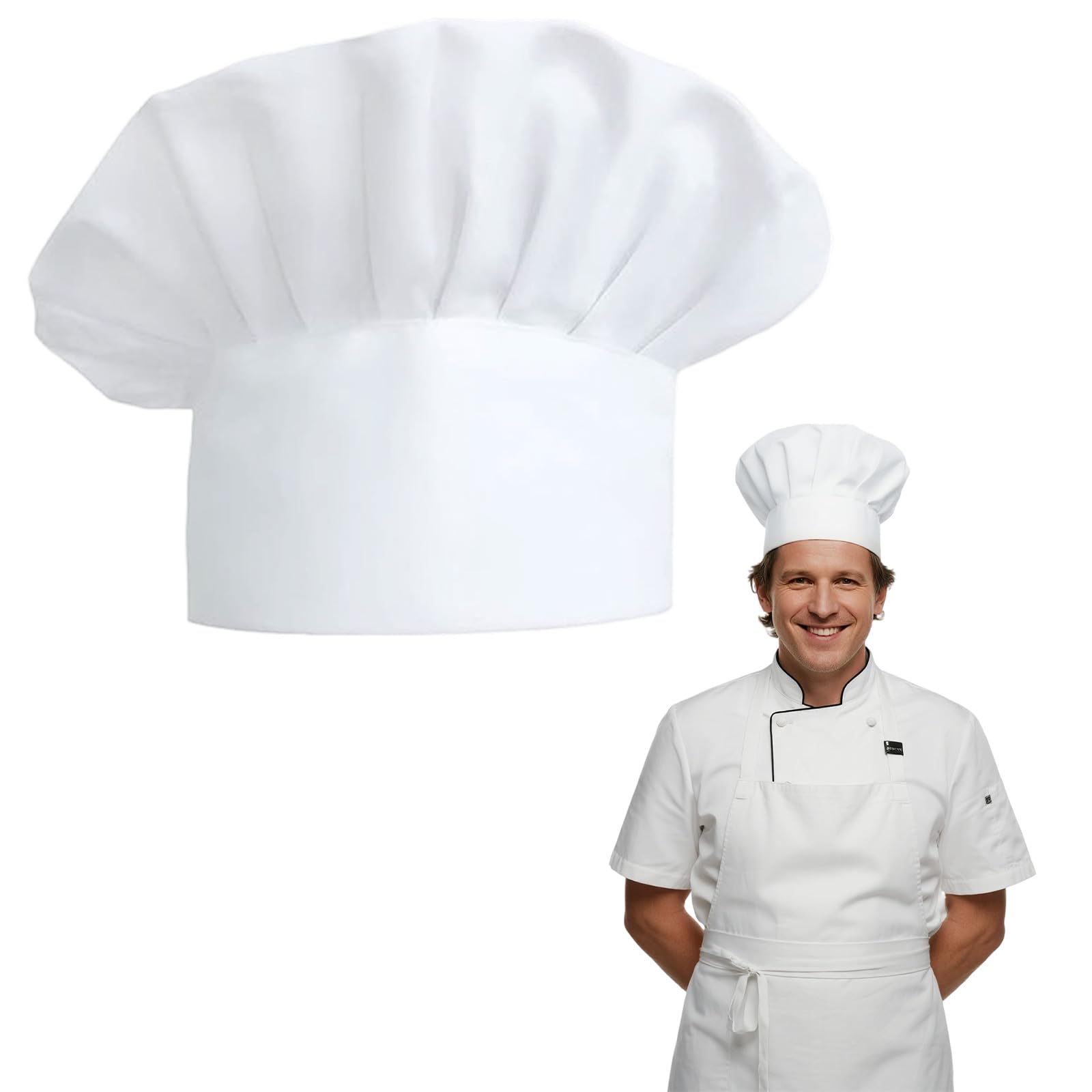 Makoto Nobu Unisex White Chef Hats, Adult Adjustable Elastic Mushroom Hats, Poly Cotton Gastro Chef Caps For Kitchen Hotel Restaurant Cooking（56-60 Cm）