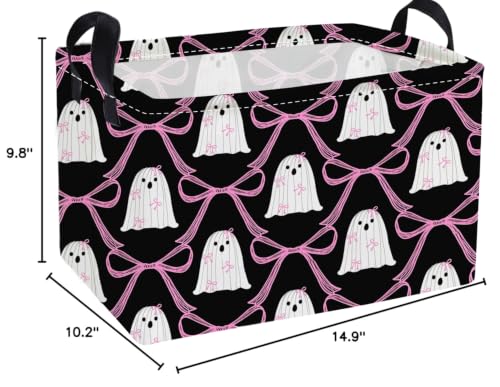 Image of Essme Rectangular Halloween Basket,Ghost Storage Bins Organizer with Handles for Room Decor, Gift Basket,Shelf Basket.(Bow Ghost)