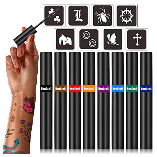 NewCraft Temporary Tattoo Kit with Assorted Colors Ink and Beginner Stencils, Skin Friendly Flexible Brush Tip Long Lasting Tattoo Ink for Teens Kids Adults DIY Semi Permanent Tattoos-Black Brown Red Green