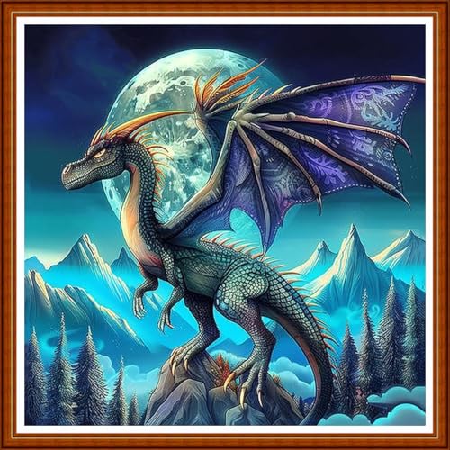 Image of Joyhoor Stamped Cross Stitch Kits for Beginners Needlepoint Kits for Adults Embroidery Kits 11CT Counted Cross Stitch Kits Printed Embroidery Pattern-Moon Pterosaur 18x18 inchs
