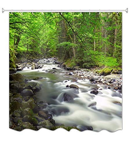 A.Monamour Grüne Bäume Wälder Dschungel Wasserfälle Bäche Wasser Fließt In Den Fluss Stein Felsen Moos Natur Landschaft Wasserdicht Mehltau Beständig Stoff Duschvorhang Für Badezimmer 180X200 cm