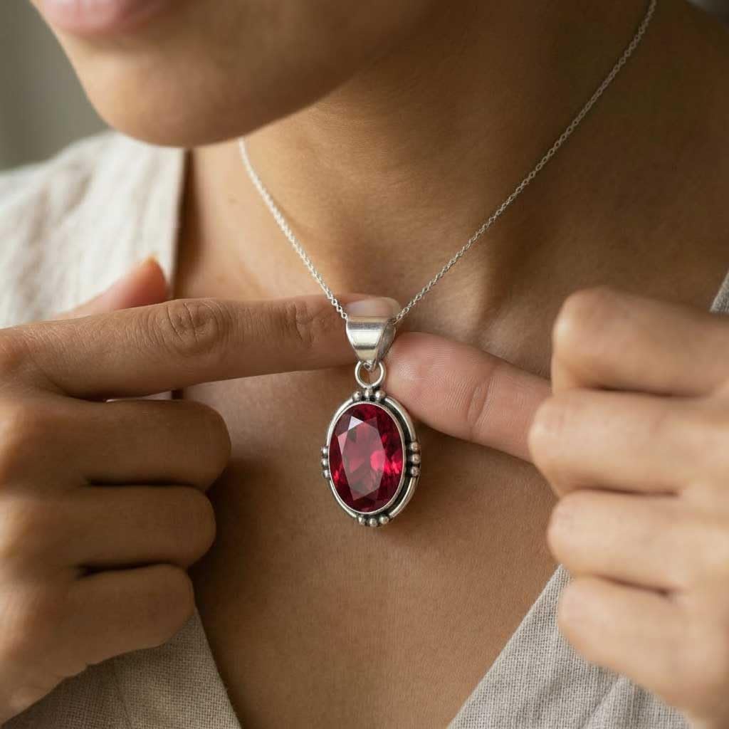 JEWELOPORIUM 925 Sterling Silver Plated Handmade Jewelry Oval Rose Quartz, Labradorite, Crystal, Garnet Chunky Natural Gemstone Boho Pendant Necklace For Women