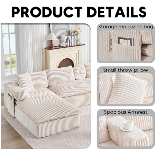 Image of Oversized Cloud Boneless Couch with Chaise, 149 inch Modern U Shape Modular Deep Seat Sectional Sofa, Comfy Corduroy Upholstered Couches for Living Room, No Assembly Required, Beige White