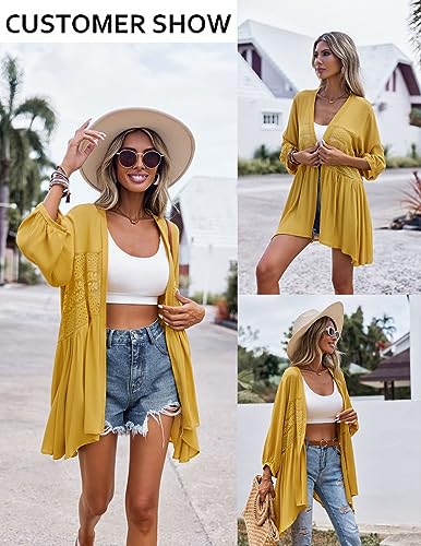 Hotouch Open Front Cardigan For Women Short Sleeve Dressy Summer Kimonos Lace Beach Cover Up Mustard Yellow M #TOP3
