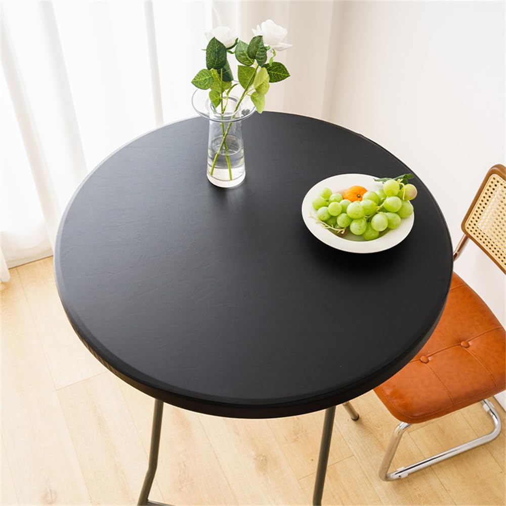 FANSU Waterproof Round Tablecloth Elastic Edged Fitted Wipe Clean Table Cover Wipeable Oil-proof Table Cloth,for Restaurant Dining Party (Black,120cm)