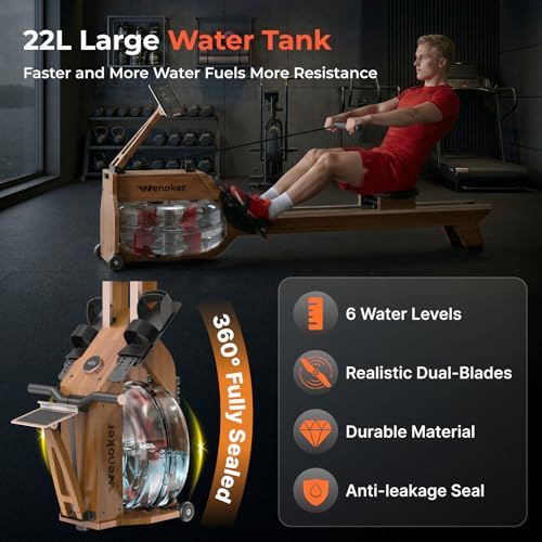 Image of Water Rowing Machine for Home Use, WENOKER Wooden Foldable Rower Machine with Dedicated Monitor & Bluetooth APP, Large Water Tank & Comfortable Seat for Immersive Water Rower, 350LBS Weight Capacity
