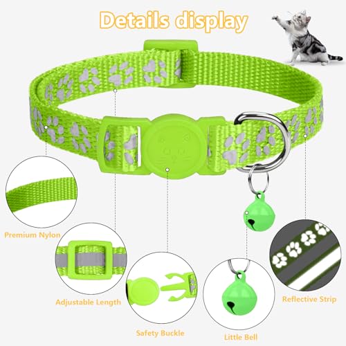 Image of Taglory Reflective Cat Collar Personalized with Name and Number, Cat Collars Breakaway with Bell and ID Tag, 7.5-12.5 inch Green