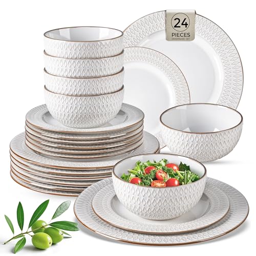 GBHOME Ceramic Dinnerware Sets, 24 pcs Embossed Elegant Stoneware Plates and Bowls Sets, Housewarming Wedding Gift | Dishwasher & Microwave Safe | Dishes Set Service for 8