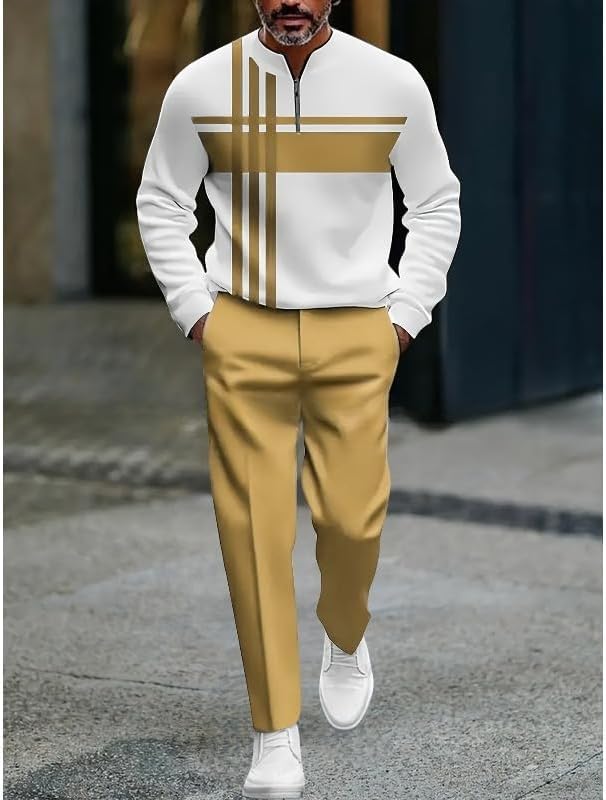 Men's color blocked half zipper pullover sportswear set, casual printed shirt and jogging pants two-piece set