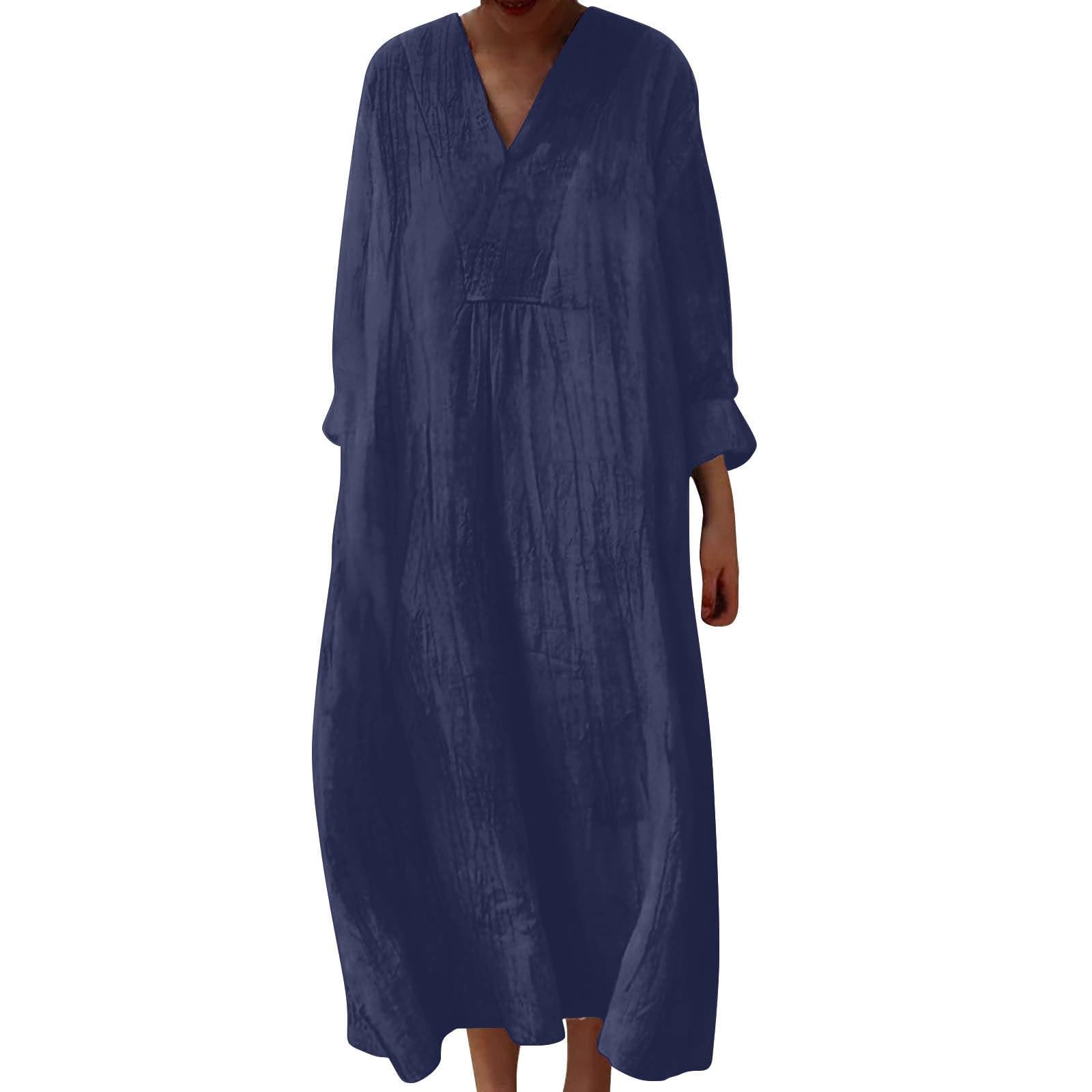 Robe longue d'été pour femme - Robe de nuit longue grande taille robe col en V couleur unie robe manches longues grandes tailles robes amples et respirantes vêtements décontractés élégantes jupe