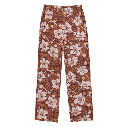 Tribal Hibiscus Floral Boys Long Pants Soft Trousers Elastic Waist Kids Lounge Bottoms with Pockets S-XL