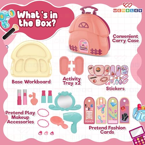 Image of Wembley Makeup Kit Set for Kids Ages 3-6 Year Old Girls | 2-in-1 Playset Portable Pretend Play Toy for Baby Girl | Safe and Non-Toxic | Lightweight Bag Style Kit | Birthday Gift for Girls of 3 to 6