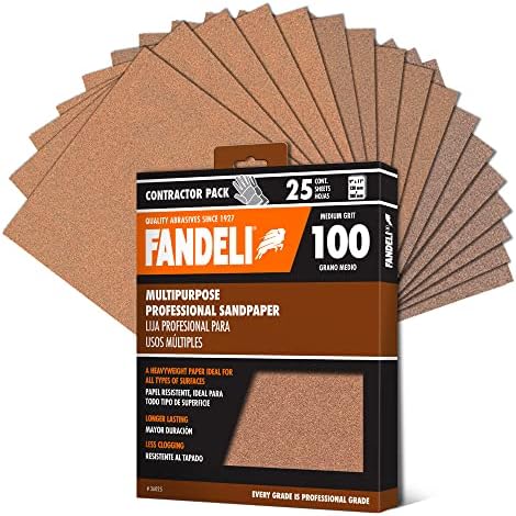 Fandeli | Multi-Purpose Sandpaper | 100 Grit | 25 Sheets of 23 x 28 cm | Ideal for Sanding Metal, Untreated Wood and Painted Surfaces