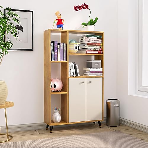 Image of Bniture Bookshelf for Home with 2 Door & 5 Open Shelf | Engineered Wood Book Shelf for Home Display Rack | Multipurpose Bookcase Organizer for Living Room, Bedroom & Office | Giant Wood & Frosty White