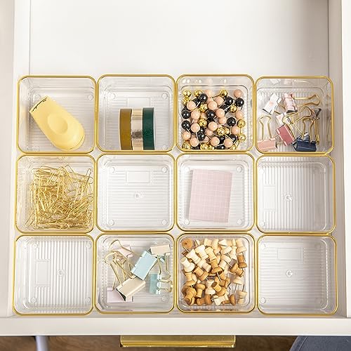 Image of Martha Stewart Kerry Plastic Stackable Office Desk Drawer Organizers, 3 inch x 3 inch, 12 Pack, with Gold Trim