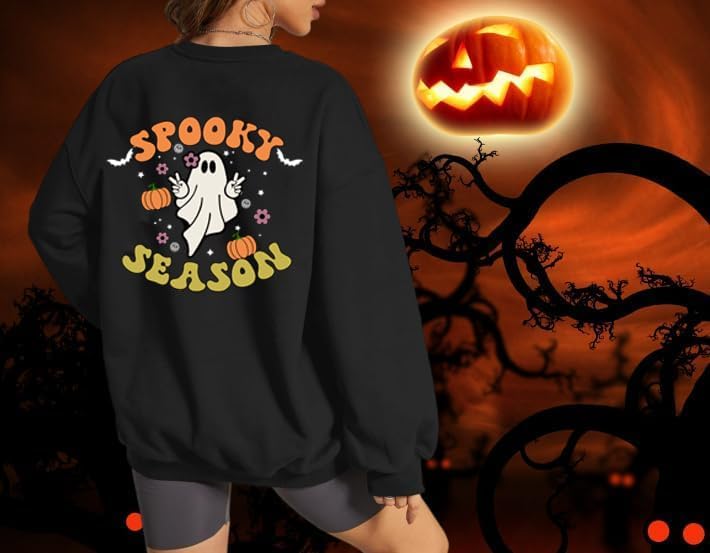 Spooky Season Sweatshirt Women Cute Halloween Ghost Sweatshirt Halloween Sweater Pullover Long Sleeve Shirt Top - Image 5