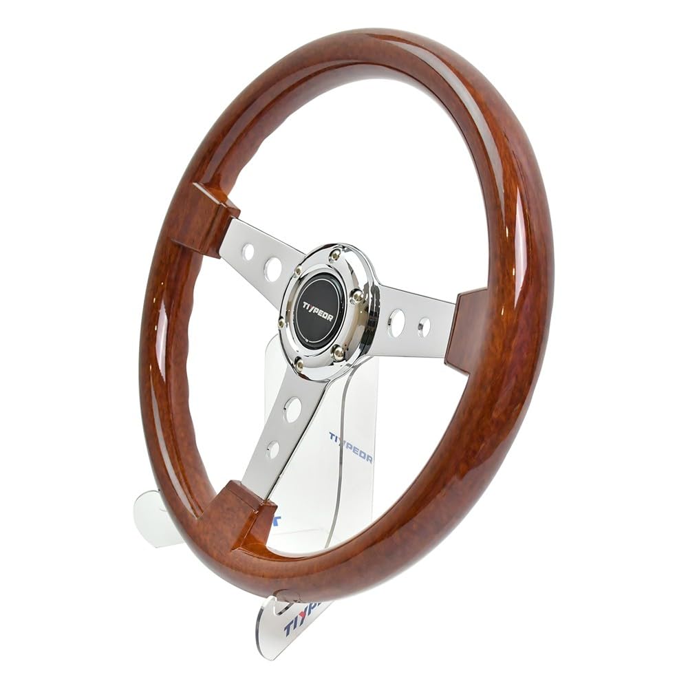 Klassisches Holzlenkrad, 350 mm (14 Zoll), universell einsetzbar, für Rennwagen, Retro-Design, 3 Speichen, 6 Schrauben, mit Hupenknopf, für Oldtimer-Modifikationen, Sim Driving, Motorsport und JDM.