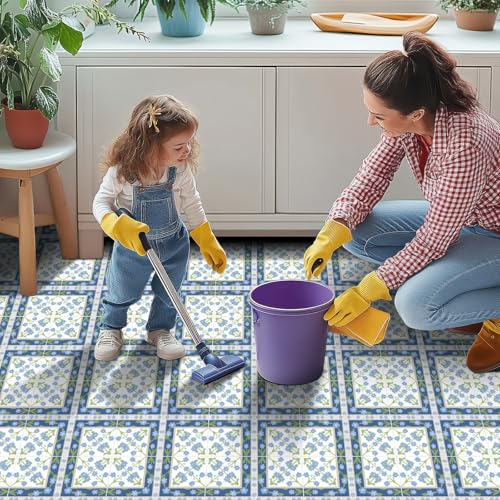Carreaux de sol amovibles en vinyle floral bleu et vert autocollant - 7