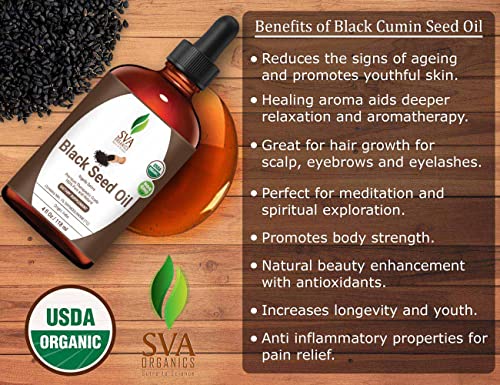 Sva Organics Therapeutic Grade Black Cumin Seed Oil Virgin Unrefined 4 Oz (118 Ml) Organic Cold Pressed Nigella Sativa Kalonji 100% Pure Natural Usda Certified #TOP5