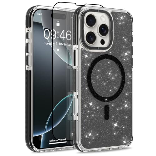 Image of Magnetic Case for iPhone 16 Pro Max [Compatible with Magsafe] [Bling Glitter Fluorescent Design] [1 Screen Protector] Slim Translucent Matte Case for iPhone 16 Pro Max 6.9 inch 2024, Black