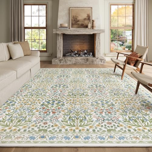 Image of Washable 8x10 Area Rug - Light Green Oriental Design for Living Room, Bedroom, Dining Room & Under Kitchen Table - Stain Resistant, Non-Slip Large Rug