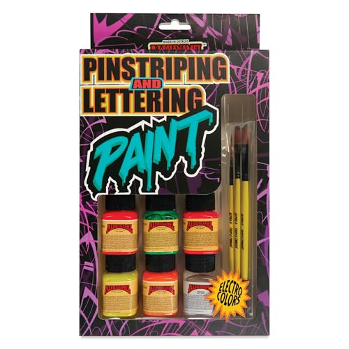 Alpha 6 - New Pinstriping/Lettering Pack - Electroshock Enamel Set - 5 Vibrant Colors with Reducer & Brush Trio for Lettering/Pinstriping, 1 oz Each