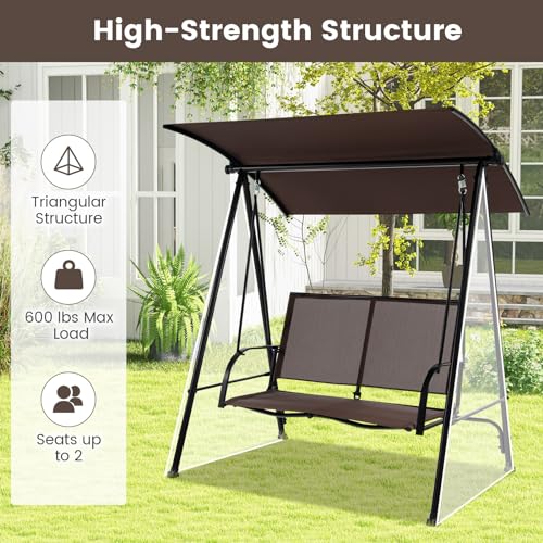 Image of HAPPYGRILL 2-Person Patio Swing with Canopy, Heavy-Duty Metal Frame, Breathable Seat Fabric, Outdoor Loveseat Swing for Backyard, Balcony, Poolside