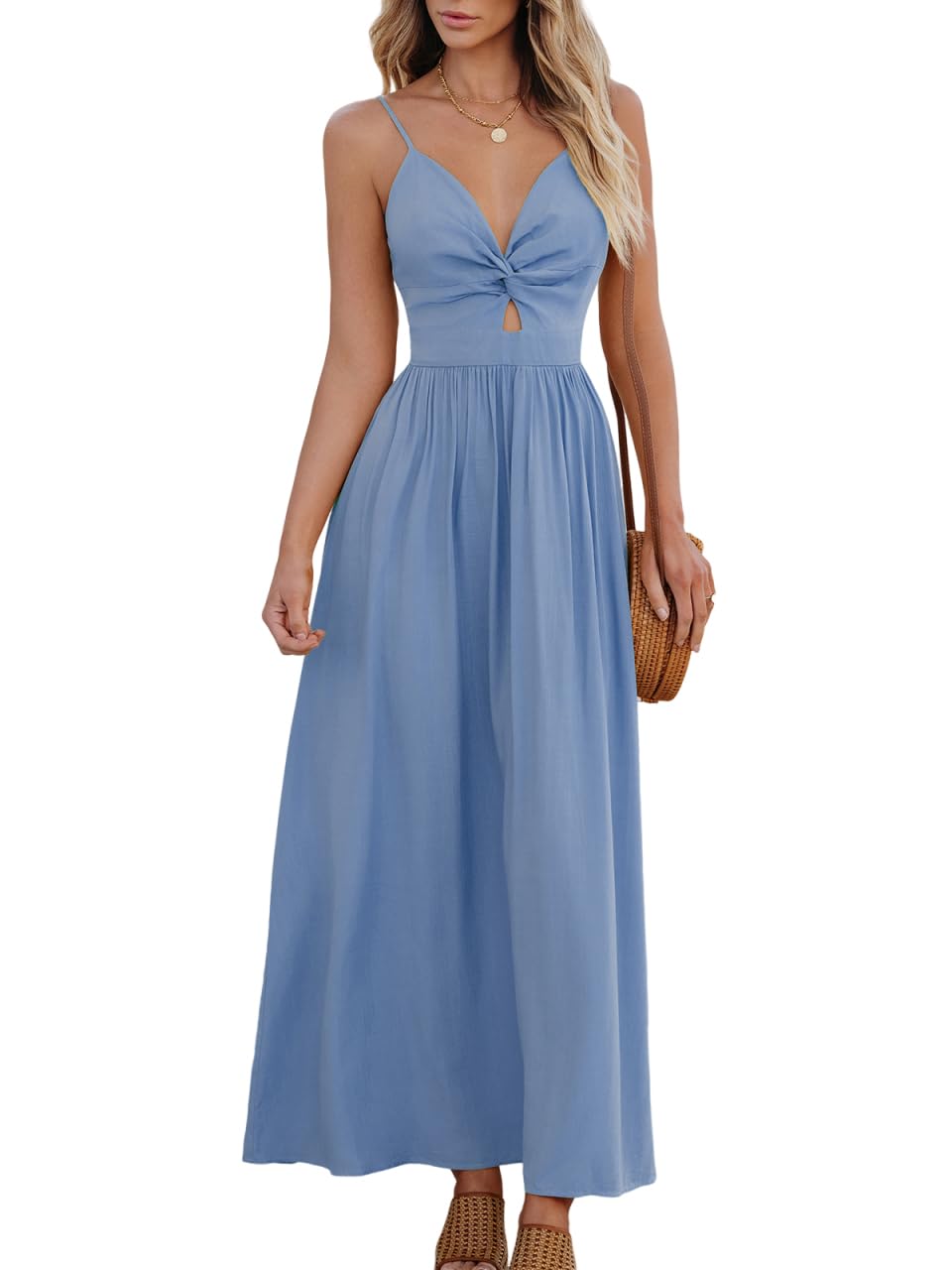 CUPSHE Women's V Neck Twisted Pleated Cutout Backless Formal Maxi Dress