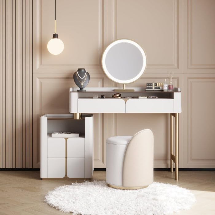 NG Decor Glass Top Makeup Vanity, Desk with Lighted Mirror and Drawers-image-25