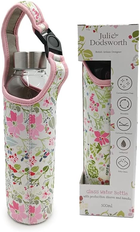 Puckator BOT223 Julie Dodsworth Pink Botanical Reusable Glass Water Bottle Container with Protective Neoprene Sleeve with Strap