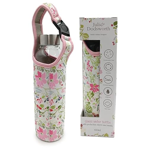 Puckator Pink Bot223 Julie Dodsworth Botanical Reusable Glass Water Bottle With Protective Neoprene Sleeve With Strap
