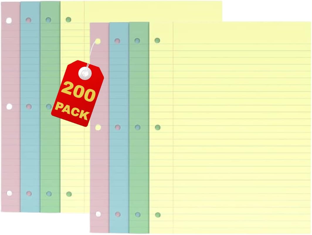 1InTheOffice Wide Filler Paper, Loose Leaf Binder Paper, Pastel, 8"W x 10.5"H, 200/Pack : Office Products