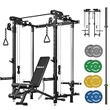 Mikolo Folding Squat Rack, Wall Mounted Power Rack with Cable Crossover Machine & LAT Pull Down, Functional Trainer with 5 Adjustable Function Modes, Upgraded Package(Black)