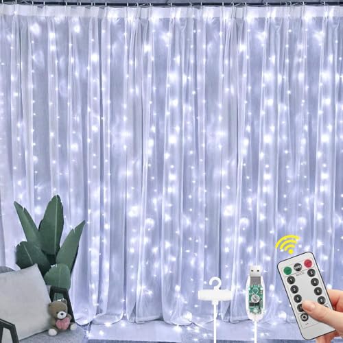 LED Curtain String Lights, 3m x 3m, 300 LEDs, 8 Lighting Modes, USB Powered with Remote Control, Indoor, Outdoor, (Cool White)