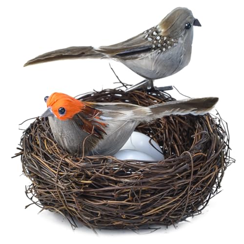 Spring Easter Home Decor,6pcs Artificial Faux Real Feathers Ornament Mini Fake Bird Figurines Nest Eggs,Small Sparrow Decorative,Clip On Birds for Christmas Tree Decoration、Crafts、Statue Photo Props