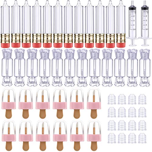 36 Pieces Cute Lip Gloss Tube Empty Tool Set, Empty Ice Cream Shaped Lip Gloss Tubes, Pencil Shaped Lip Glaze Tube, Candy Shaped Mini Refillable Lip Gloss Balm Containers with 4 Pieces Plastic Syringe